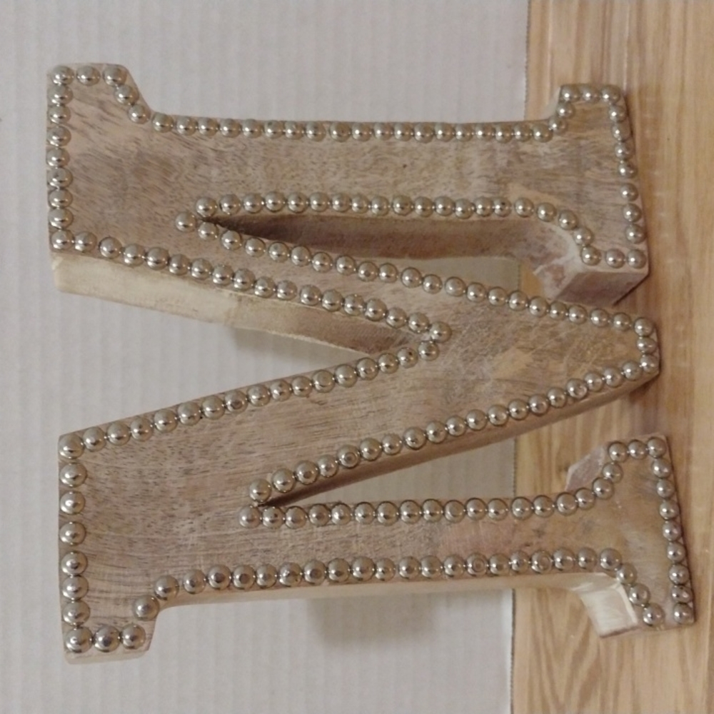 Decorative Wooden Letter "M" With Faux Gold Metal Stud Accents Made in India
